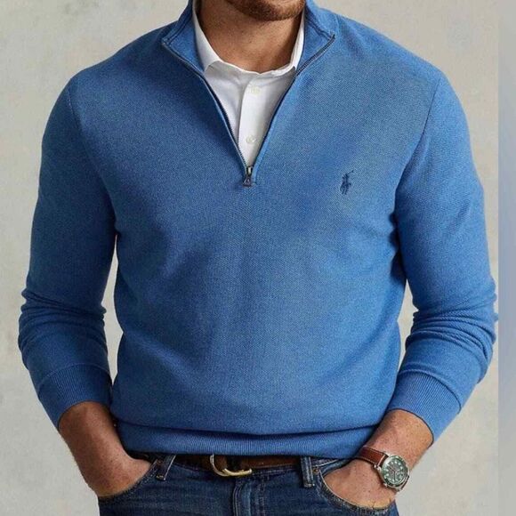 POLO RALPH LAUREN Blue Embroidered 1/4 Zip Sweater Pullover Sz Medium - Picture 2 of 9